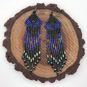 Beaded Fringe Dangle Earrings Blue Purple Green Peacock Iridescent Glass Beads